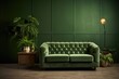 © Azar - Green wall background, minimalist sofa | Living room with green armchair on empty dark green wall background | Modern loft living room interior design and green wall,Generative AI