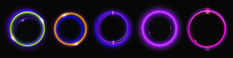 Wall Mural - set of round neon light flares isolated on black background. vector realistic illustration of circul