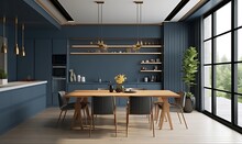 Modern Dark Blue Kitchen And Minimalist Interior Design, Generative AI