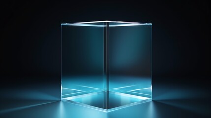 Cube glass transparent with dark background, copy space for text and illustration for product presentation and template design.