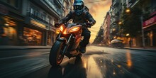 A Motorcycle Biker Is Rushing At High Speed Along A Straight And Empty City Street. Generated By AI.