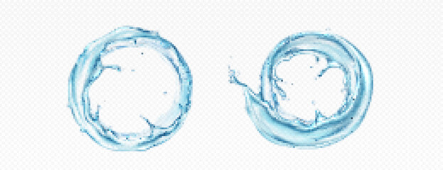 Wall Mural - water circle splash and round swirl realistic 3d vector frame. liquid aqua wave with drop and bubble