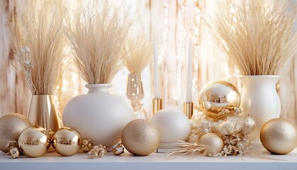 Wall Mural - Gold christmas balls, white baubles with dry grass, festive table decoration of Xmas celebration, golden loving setting. Smooth light, some bokeh. Luxury romantic card for seasonal greetings.