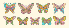 Groovy Butterflies Vector Set. Hippie Floral Elements. 70s Groovy Hippie Nature Clipart. Retro Groovy Stickers. Psychedelic Funky 60s 70s Doodles. Set Of Retro Cartoon Flower Stickers.