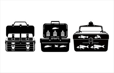 Wall Mural - Fishing Tackle Box Silhouette Vector bundle, Fishing Tackle Boxe Black Clipart Set