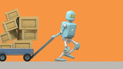 Wall Mural - Retro robot moving cart with boxes, 3D video render cartoon style, on orange background, alpha channel