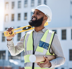 Canvas Print - Outdoor, engineer and black man with blueprint, thinking or planning with solution, problem solving or happiness. .Engineering, manager or architect with ideas, construction job or project management