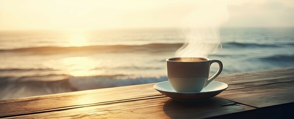 Closeup on freshly hot coffee cup on wooden table. Beach holiday with sea view