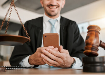 Aufkleber - Judge hands, phone and happy man reading attorney communication, networking or contact legal consultant. Lawyer, cellphone and male advocate smile for government justice, contract or policy update