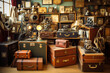 A charming vintage store with a collection of vintage cameras, antique telephones, and vintage travel trunks Generative AI