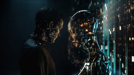 Humanoid female AI futuristic android, cyborg robot, vibrant neon neural network, futuristic technology & artificial intelligence concept with head with binary code background. Generative AI