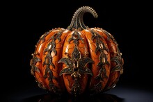 Golden luxury metal decorations encrusted with gems for halloween pumpkin. Generative AI