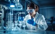 © Curioso.Photography - Professional female scientist in white coat and protective mask conducting chemical experiment. Generative AI.