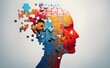 Puzzle concept with a person's head. Style of bright color blocks. Generative AI.