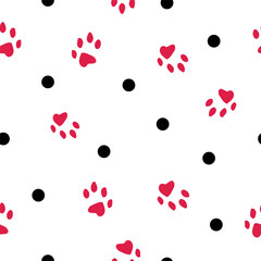 Wall Mural - Pink animal footprint and black polka dot pattern.