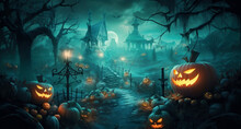Cemetery Moon Holiday Halloween Dark Pumpkin Night Grave Bat Horror. Generative AI.