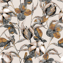 
Watercolor Pattern With Dry Leaves And Flowers Of Hydrangea, Cotton And Rose. Vintage Pattern On The Theme Of Autumn, Plants In Natural Pastel Colors Isolated On Beige Background