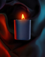 Dark blue candle with red outline sphete on leather background is lit and glowing