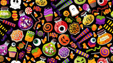 Halloween Treats, Candy Pattern. Halloween Background With Scary Objects. Candies, Pumpkin, Squash, Halloween Elements, Potion, Witch Legs, Bottle Poison. Many Types Spooky Dessert. Treats Wallpapaer.