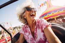 An Enthusiastic Mature Woman Enjoying A Day At The Amusement Park, Relishing The Thrill Of Rides And Games Generative AI