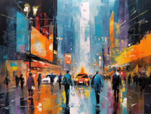 Urban Energy: Bustling City Street In Vibrant Brushstrokes And Colors Created With Generative AI