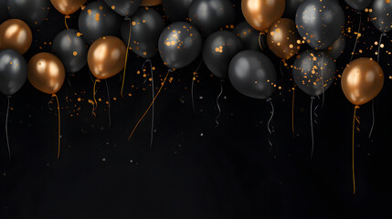 Black and golden balloons with sparkles high detailed background, in the style of dark gray created with Generative AI technology
