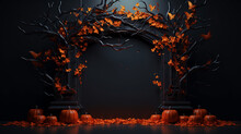 Rectangular Arch, Frame Of Branches And Leaves Autumn Theme On A Dark Background, Presentation Of A New Product, Stage