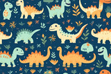 Fototapeta Dinusie - Cute seamless pattern of lots of cartoon doodle dinosaurs isolated on flat dark blue background, repeat dino animals texture, baby pattern.