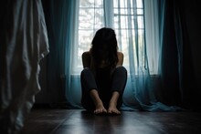 Sad Young Woman Sitting In The Bedroom, People With Depression Concept, Frustrated Confused Female Feels Unhappy.