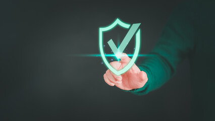 Poster - Customer is pressing identity proofing icon for security protection systems on virtual screen. Certified guarantee approval or secure access system concept. Quality assurance of business services.