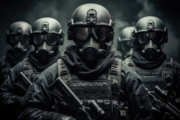 Wall Mural - Military swat with gas masks cover each other, In full combat readiness to break through the smoke from chemical weapons.