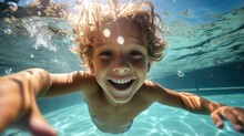 Happy Kid Having Fun Swimming Underwater, Healthy Lifestyle, People Water Sport Activity, Swimming Lessons On Holidays With Kids.