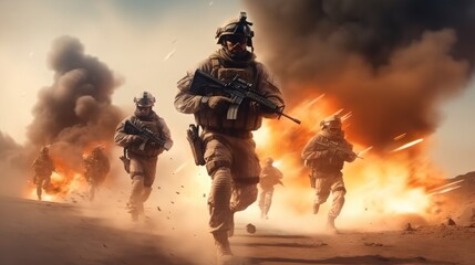 Wall Mural - Military silhouettes fighting scene on war, Military operation, War Concept.
