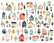 Big Set Of Watercolor Scandinavian Houses. Cute European Buildings And Trees Isolated. Trendy Scandi Vector Background