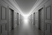Long Hallway With Doors Gradually Getting Smaller, Displaying Linear Perspective. Generative AI