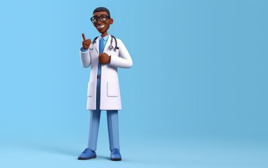 3d render, full body african cartoon character. Black doctor wears glasses, shows finger up. Medical health care clip art isolated on blue background. Idea or solution concept