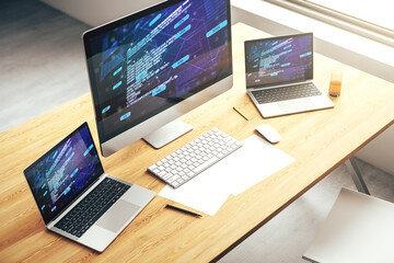 Wall Mural - modern computer monitor with abstract programming language, research and development concept. 3d ren