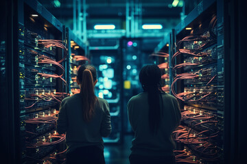 Back view of two women working in a data center, handling cables with rows of server racks.