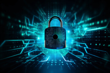 Computer with a padlock on the screen. Cybersecurity, ransomware, email phishing, encrypted technology.