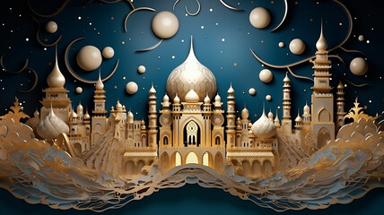 Wall Mural - golden arab palace greeting lights up at night fairy tale black background.