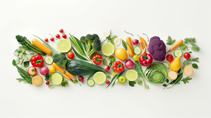 Wall Mural - a row of vegetables and fruits collage isolated on a white background.