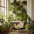 Urban jungle, love for plants concept. Interior of cozy home garden with fresh green houseplants, natural home decor
