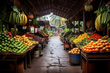 Canvas Print - A bustling tropical market offering a variety of fresh fruits and vegetables, showcasing the richness of the local agricultural produce