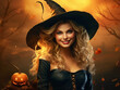 © Mari - A young sexy beautiful kind witch in a black dress and a magic hat on a Halloween background
