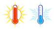 A set of thermometers for heat with sun, and cold with snowflake
