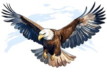 Large Brown And White Eagle Is Soaring Above A White Background, In The Style Of Colorful Watercolor Created With Generative AI Technology