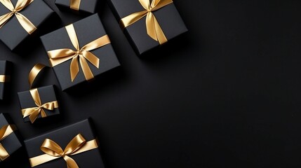 black gift boxes arranged on dark background, black friday discounts concept