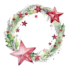 Watercolor christmas wreath decorated with baubles and stars on white background