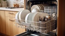 Dishwasher With Clean Dishes In The Interior Of The Bright Cozy Kitchen Of The Apartment.