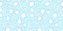 Seamless Playful Hand Drawn Light Pastel Blue Polkadot Floral Fabric Pattern. Abstract Cute Aboriginal Dot Art Flowers Background Texture. Boy's Birthday, Baby Shower Or Nursery Wallpaper Design